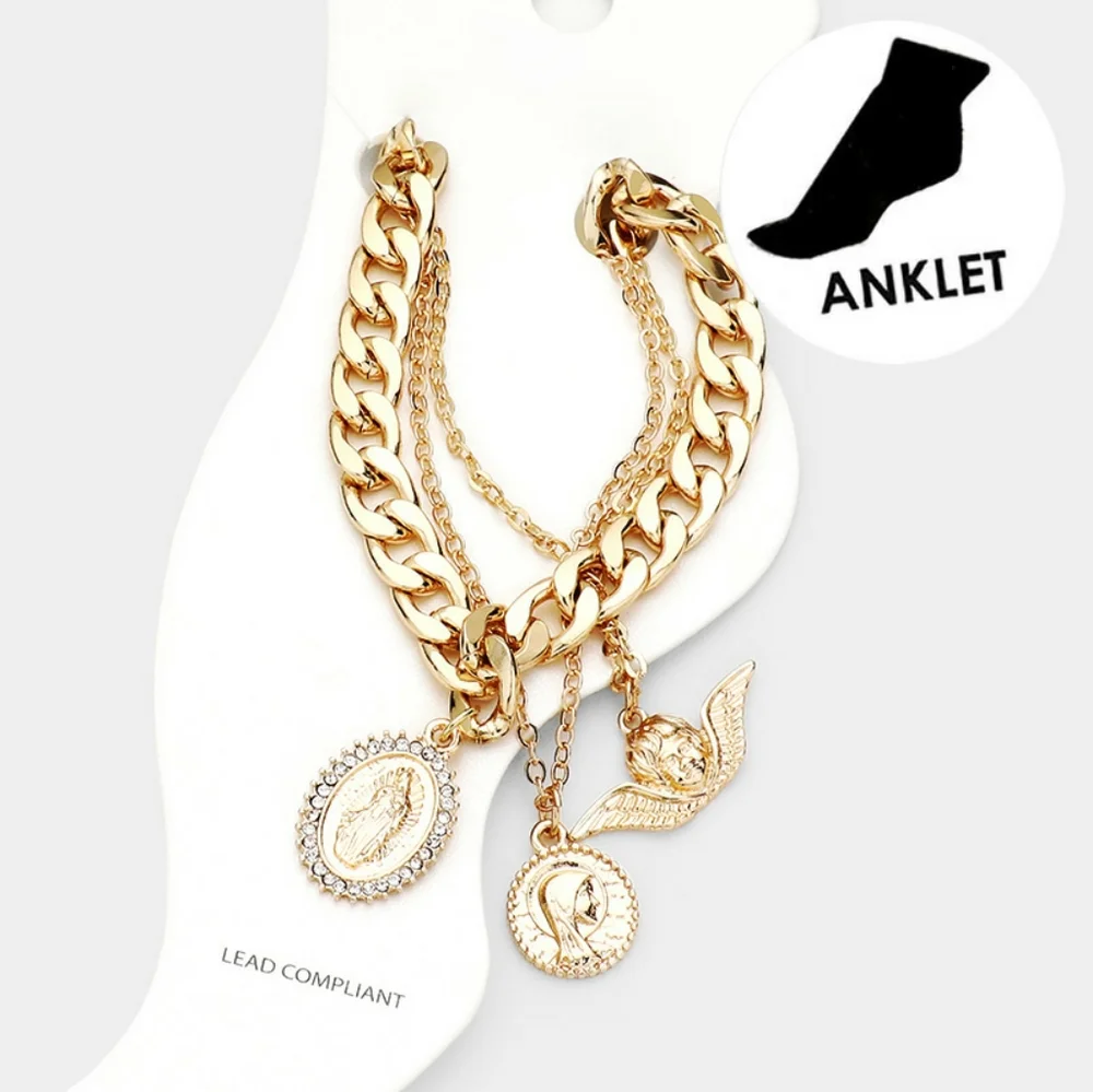 Gold Chain Religious Pendant Layered Anklet Metal Virgin Mary Angel Coin Charms
